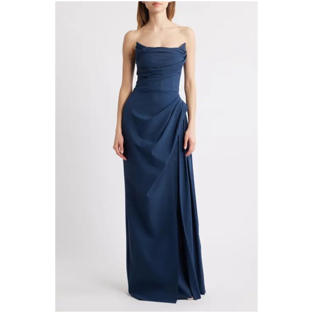 Chiara Boni Navy Strapless Draped Maxi Dress